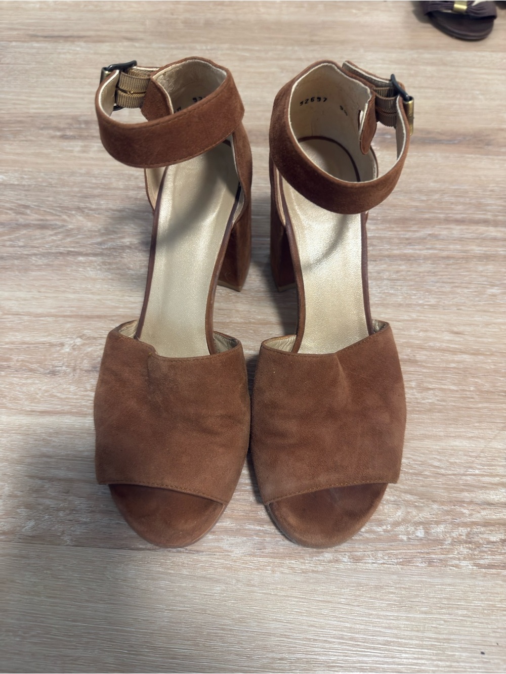 Stuart Weitzman Brown Suede Block Heel Sandals with Ankle Strap